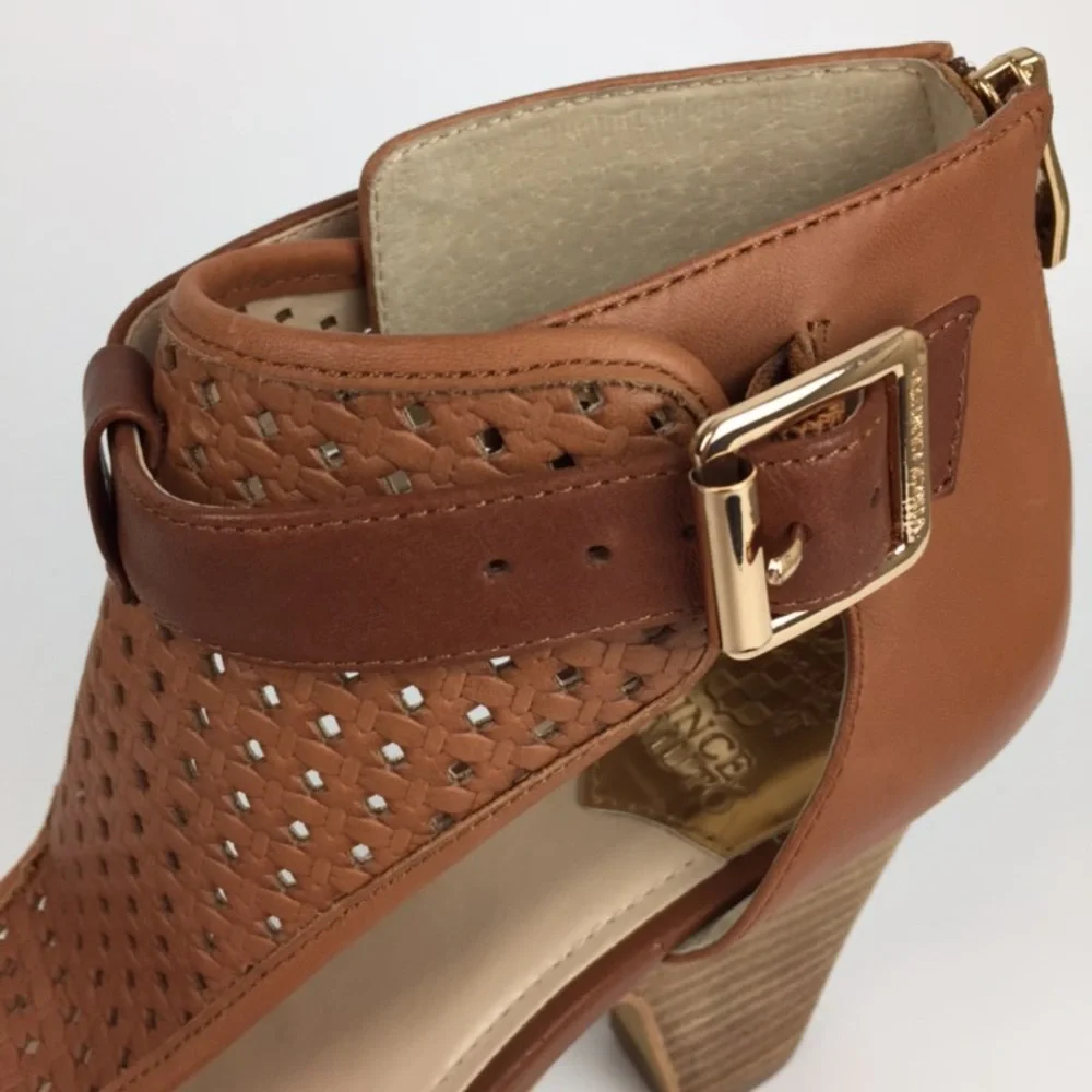 Vince Camuto Womens Brown Woven Leather Peep Toe Sandal Cone Heel size 10